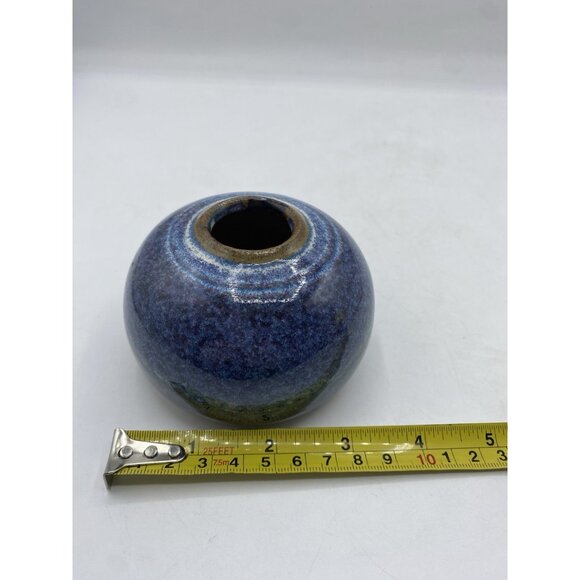 Studio Pottery Round Blue Vase Signed 2.75 in Tall Handmade Artisan Collectible - Picture 9 of 13
